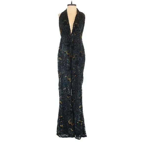 🦋🔥💋UBER GORGE!💋🦋🔥70's Inspired Floral Devoré Velvet Halter Flared Jumpsuit - Picture 6 of 10